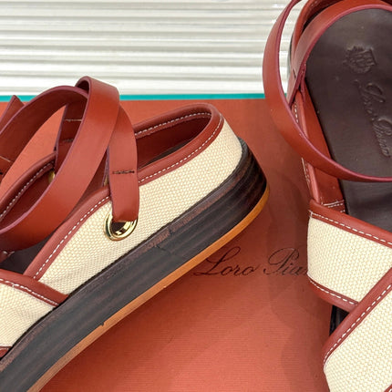 SANDALS THICK SOLE CROSS STRAP IN BEIGE FABRIC AND ORANGE CALFSKIN