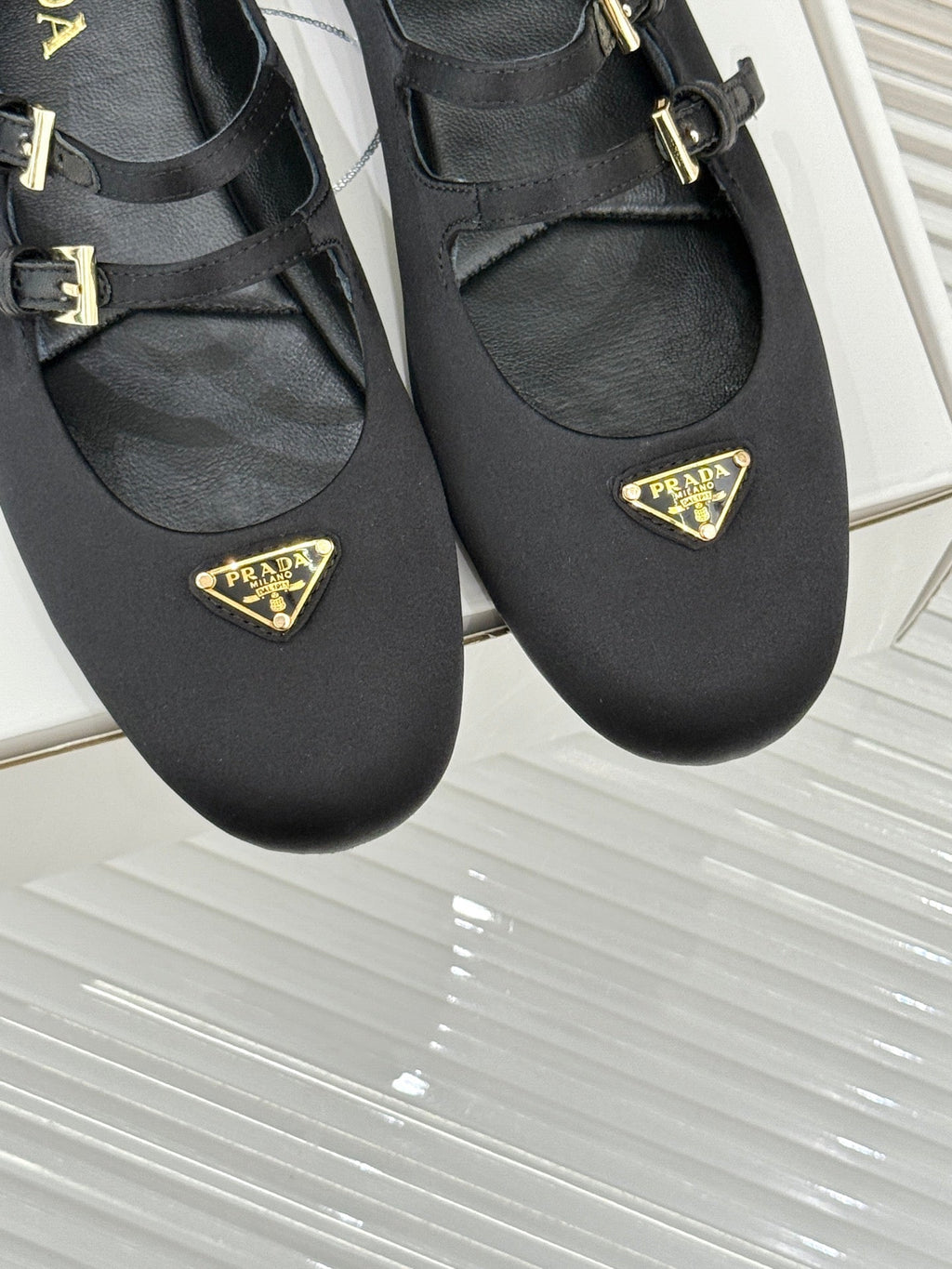 PRADA 25S DOUBLE STRAP BALLERINAS IN BLACK SATIN