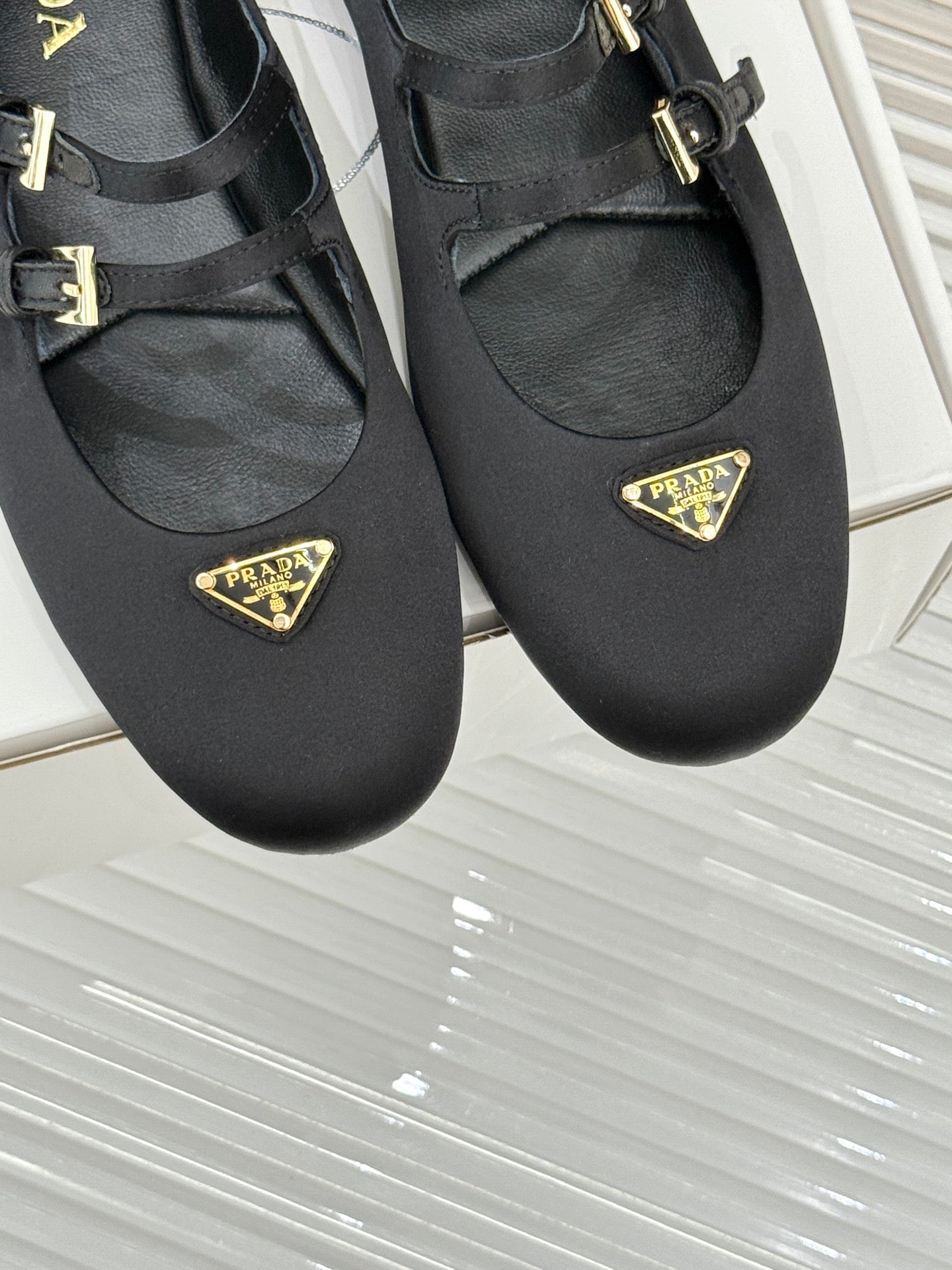 PRADA 25S DOUBLE STRAP BALLERINAS IN BLACK SATIN