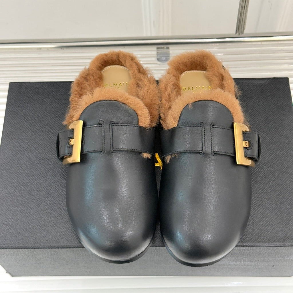 BALMAIN 26S ANTHEM MULES IN BLACK CALFSKIN