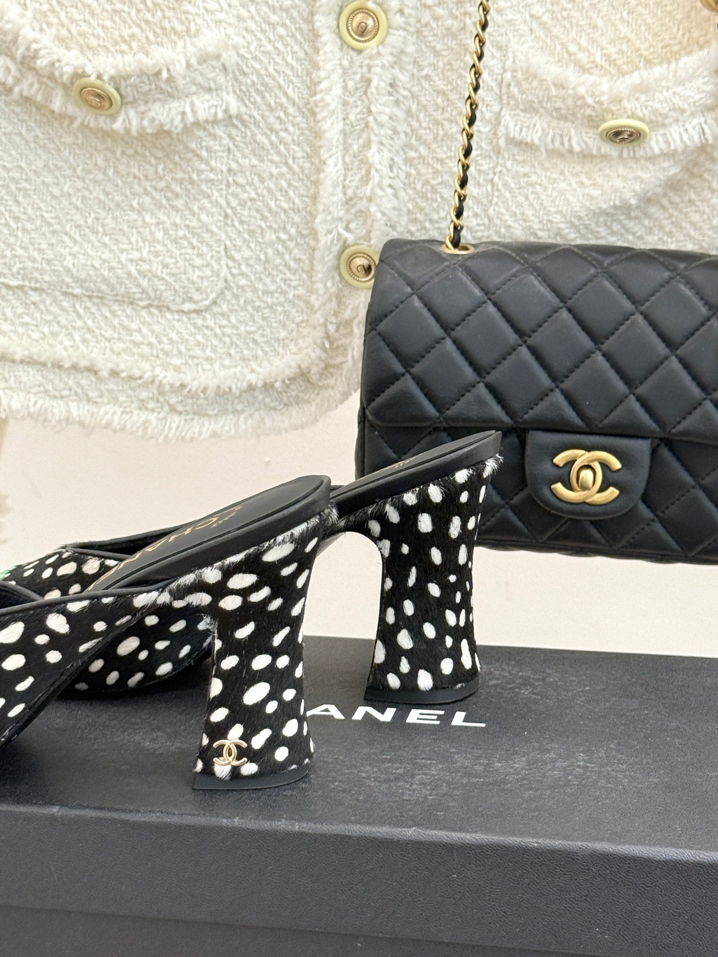 CHANEL POLKA DOT PATTERN MULES IN BLACK MIX GREEN FUR