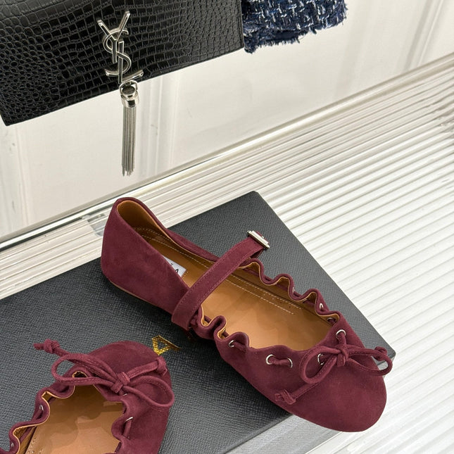ALAIA 26S MARY JANE FLATS IN DARK RED SUEDE WITH BOW