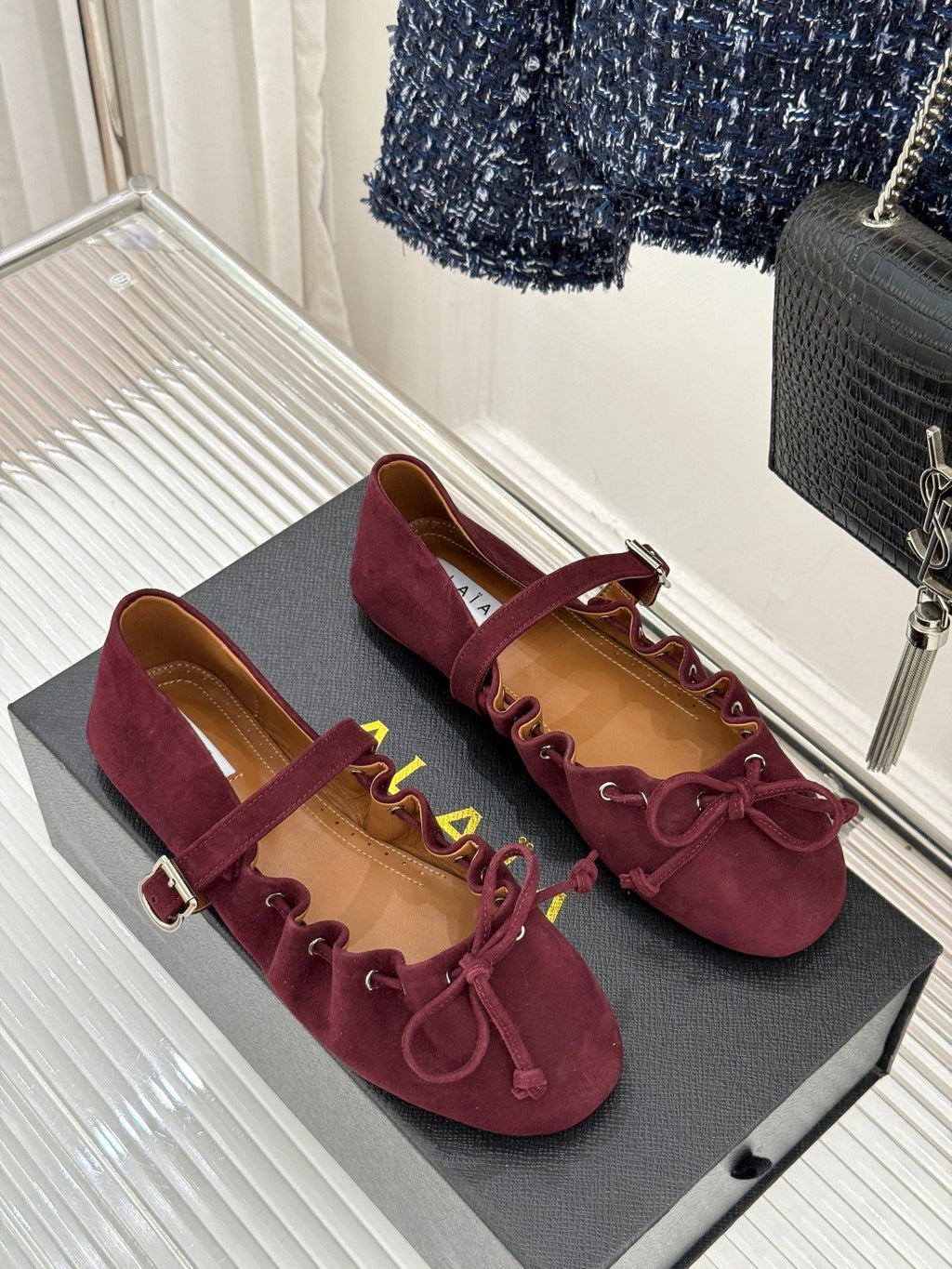 ALAIA 26S MARY JANE FLATS IN DARK RED SUEDE WITH BOW
