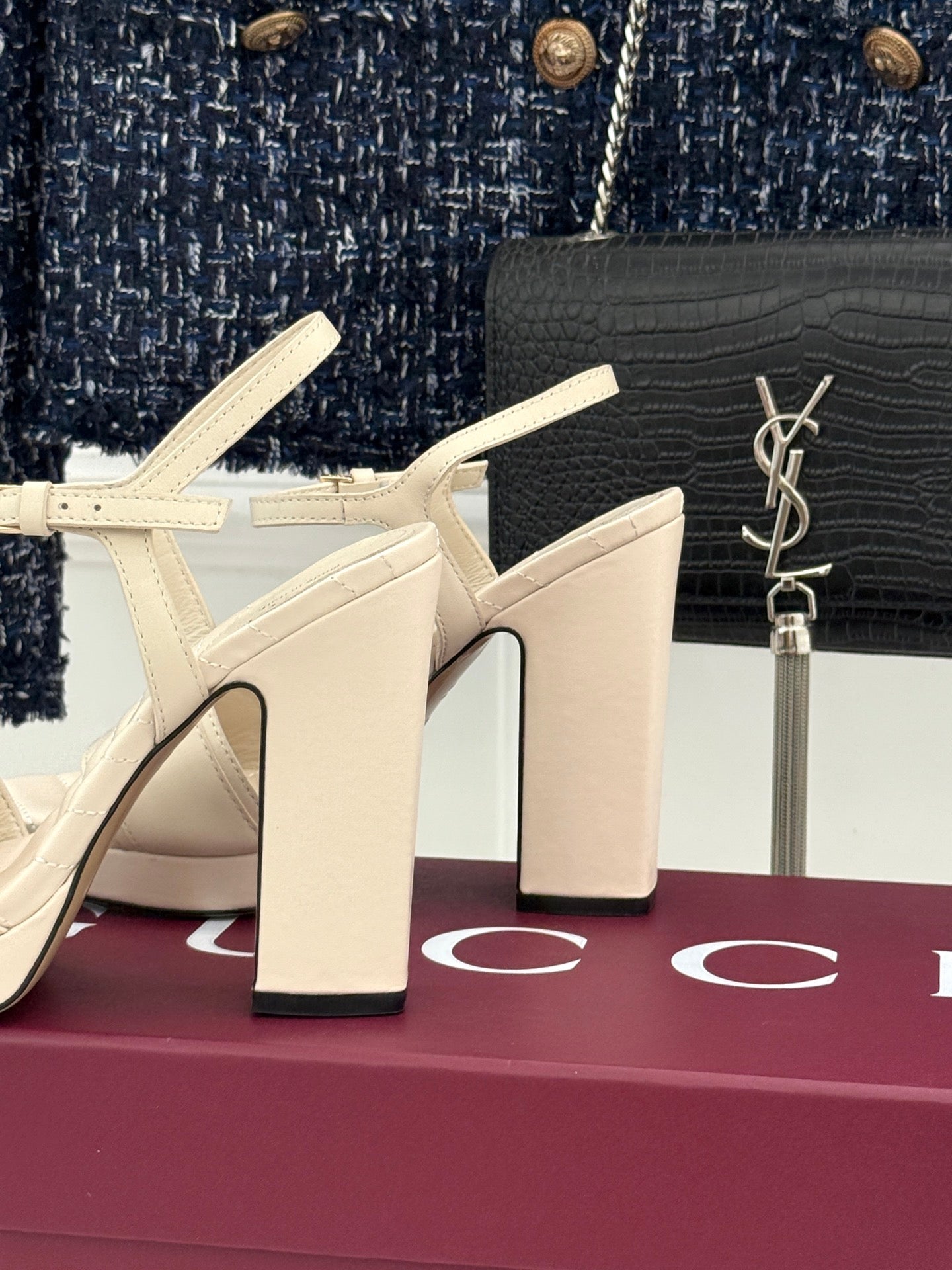 GUCCI 26S HIGH-HEELED SANDALS 120 MM IN CREAM WHITE CALFSKIN