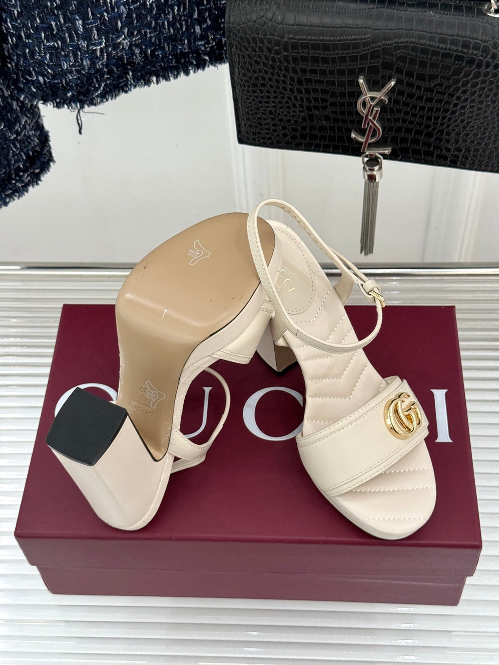 GUCCI 26S HIGH-HEELED SANDALS 120 MM IN CREAM WHITE CALFSKIN