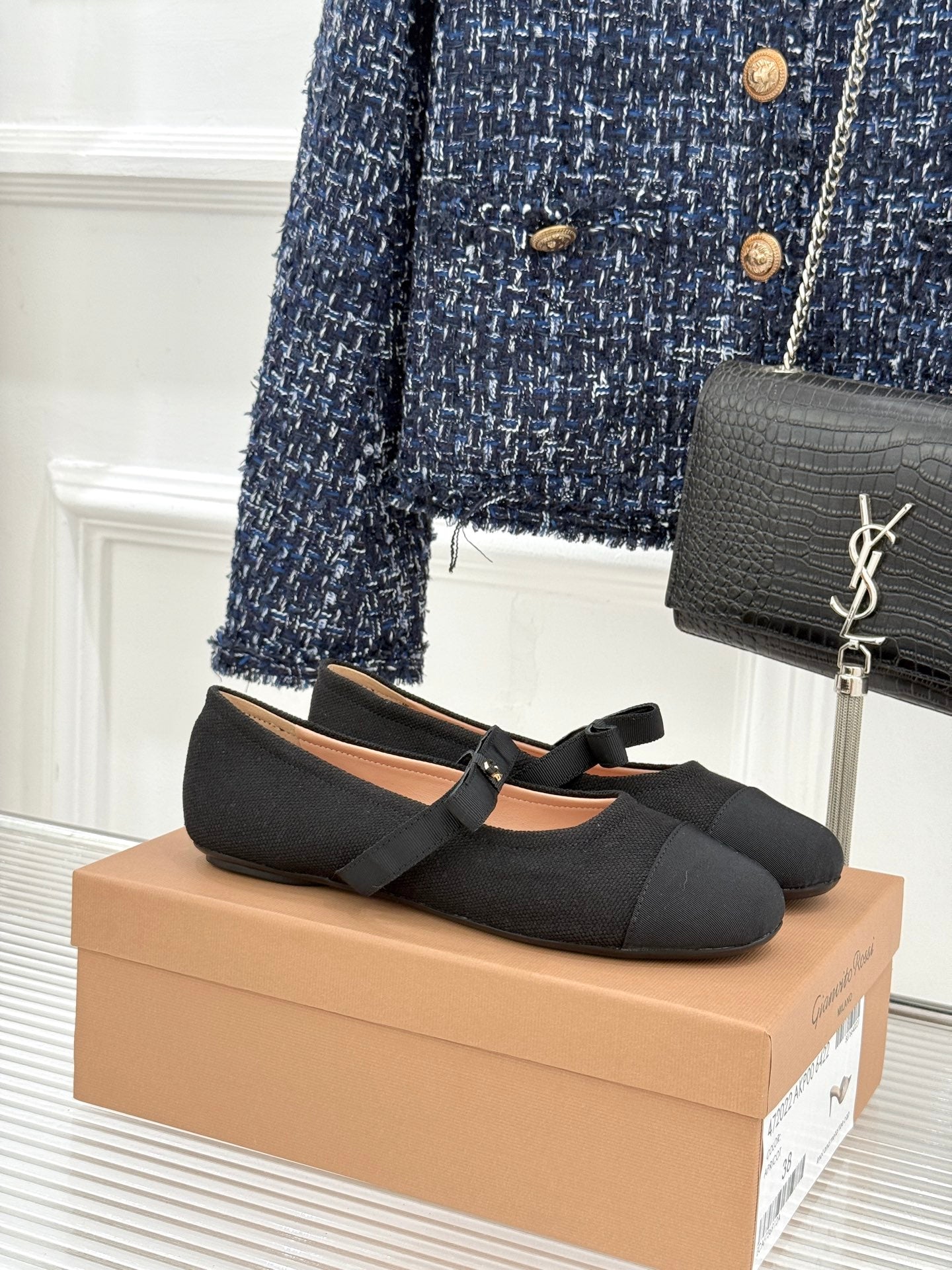 GIANVITO ROSSI 26S MARY JANE FLATS IN BLACK FABRIC