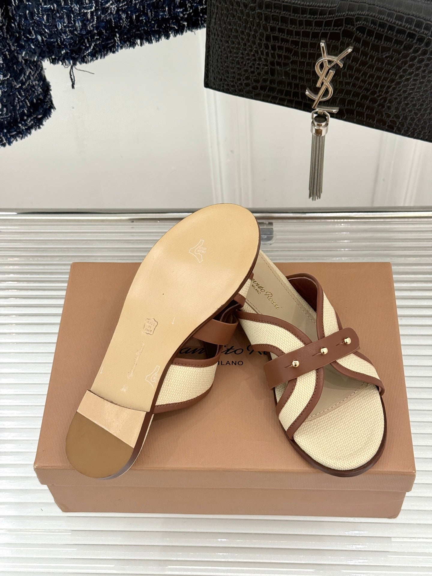 GIANVITO ROSSI 26S STUDDED FLAT SANDALS IN BEIGE CANVAS AND BROWN CALFSKIN