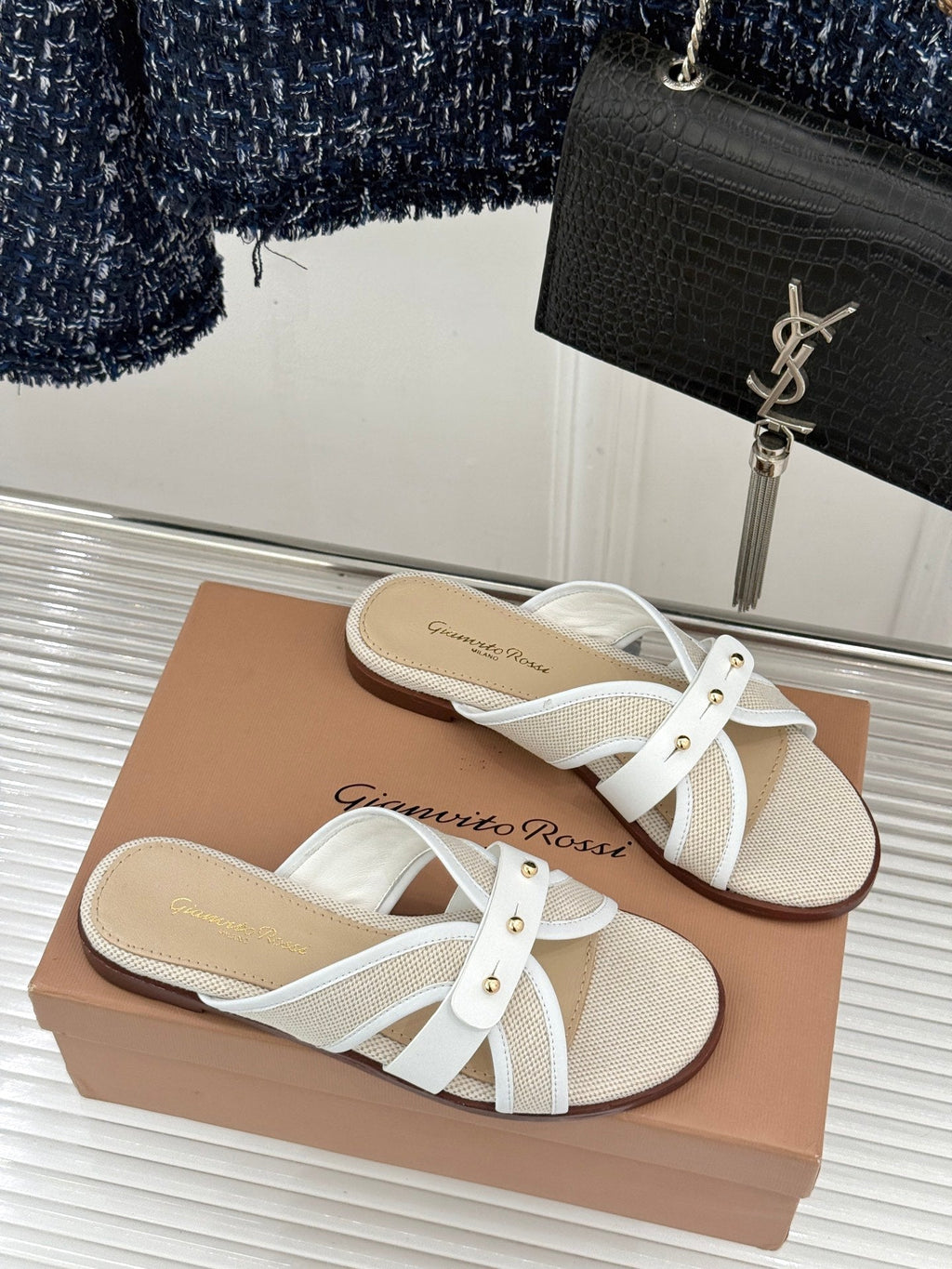GIANVITO ROSSI 26S STUDDED FLAT SANDALS IN BEIGE CANVAS AND WHITE CALFSKIN
