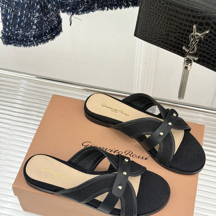 GIANVITO ROSSI 26S STUDDED FLAT SANDALS IN BLACK CANVAS AND CALFSKIN