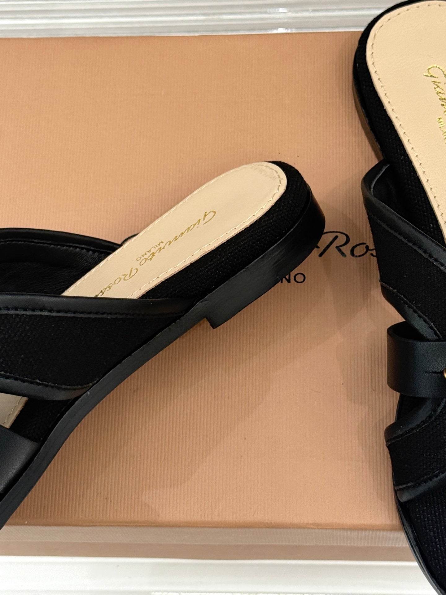 GIANVITO ROSSI 26S STUDDED FLAT SANDALS IN BLACK CANVAS AND CALFSKIN