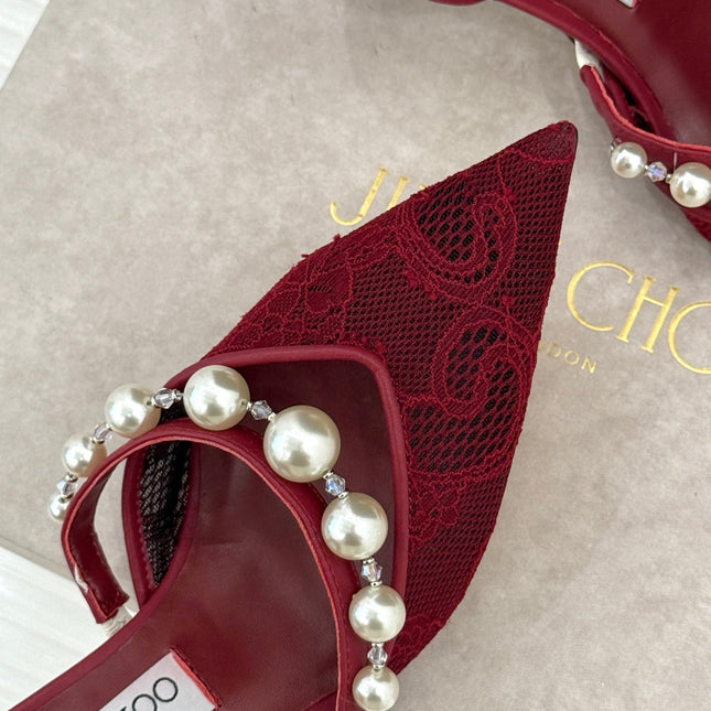 JIMMY CHOO 26S HIGH HEELS 65 MM IN DARK RED LACE PEARL-EMBELLISHED