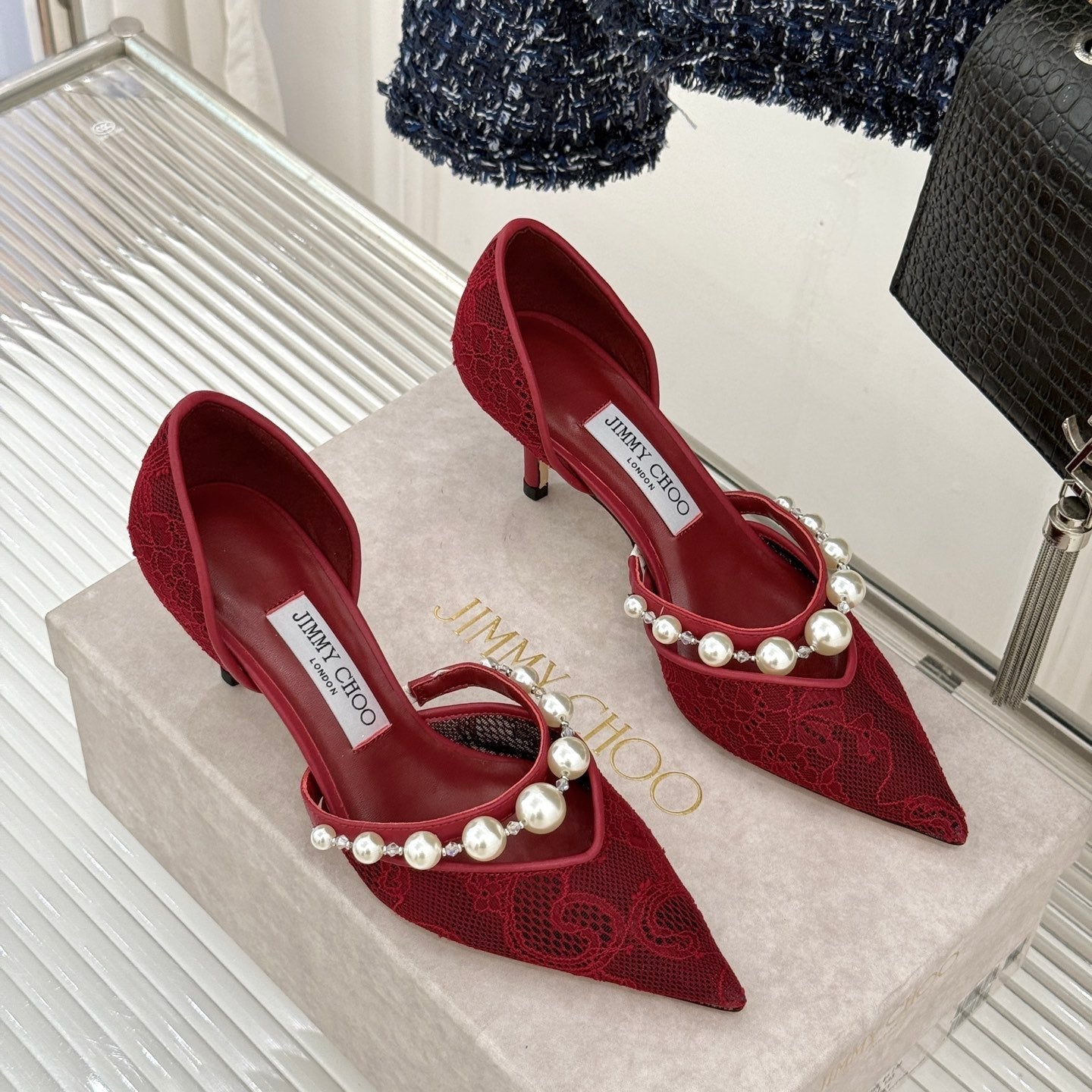 JIMMY CHOO 26S HIGH HEELS 65 MM IN DARK RED LACE PEARL-EMBELLISHED