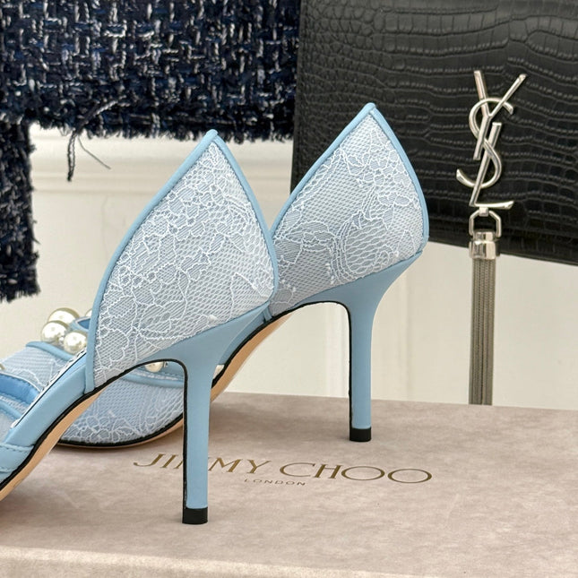 JIMMY CHOO 26S HIGH HEELS 85 MM IN SKY BLUE LACE PEARL-EMBELLISHED