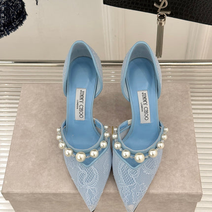 JIMMY CHOO 26S HIGH HEELS 85 MM IN SKY BLUE LACE PEARL-EMBELLISHED