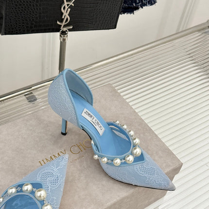 JIMMY CHOO 26S HIGH HEELS 85 MM IN SKY BLUE LACE PEARL-EMBELLISHED