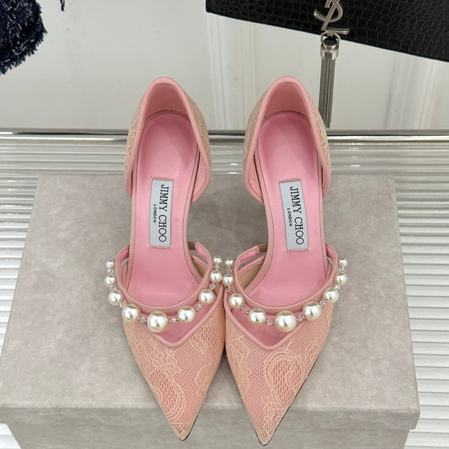 JIMMY CHOO 26S HIGH HEELS 65 MM IN LIGHT PINK LACE PEARL-EMBELLISHED