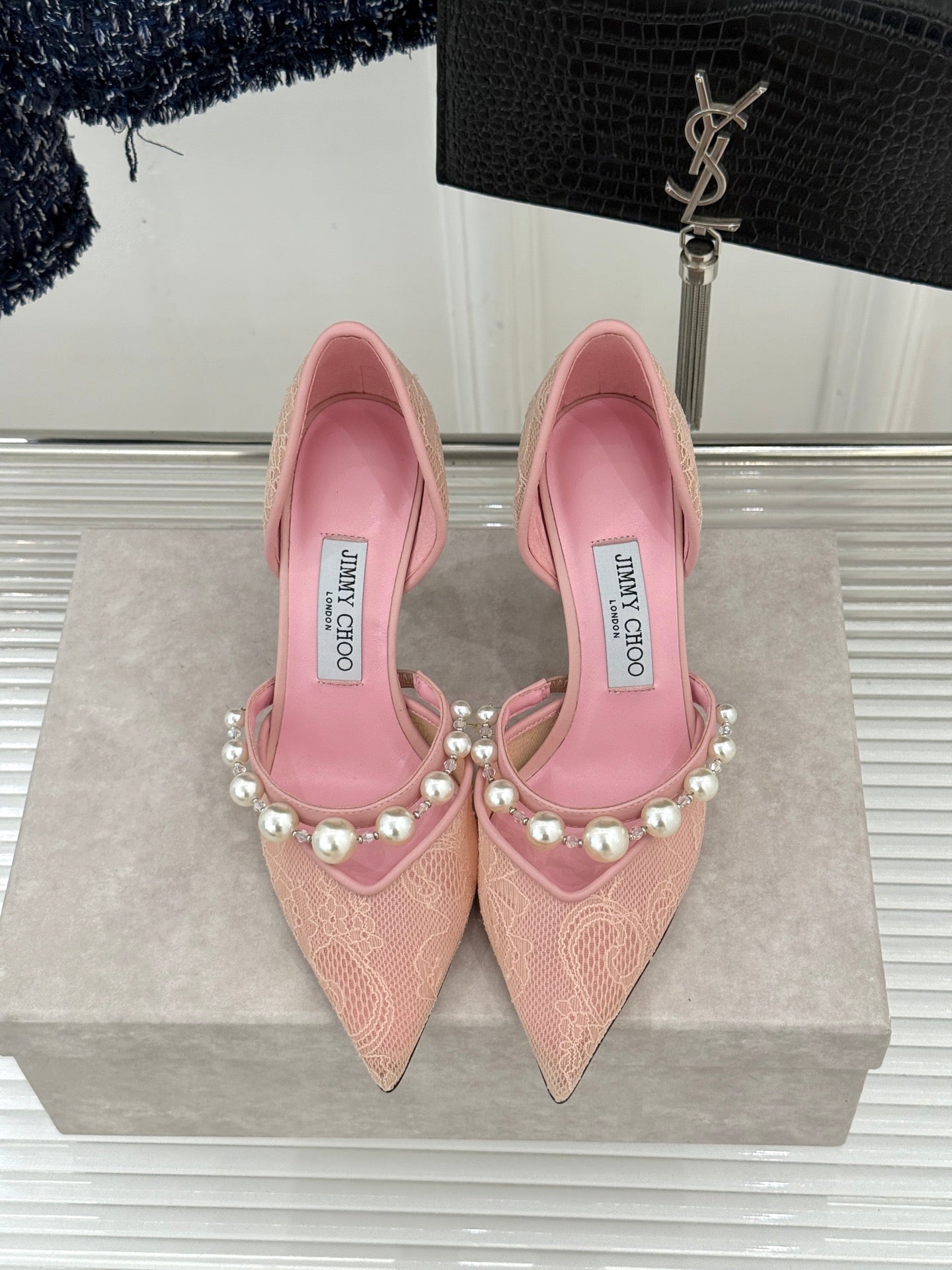 JIMMY CHOO 26S HIGH HEELS 85 MM IN LIGHT PINK LACE PEARL-EMBELLISHED