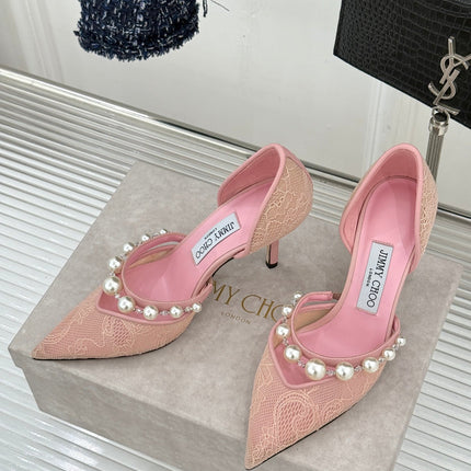 JIMMY CHOO 26S HIGH HEELS 85 MM IN LIGHT PINK LACE PEARL-EMBELLISHED