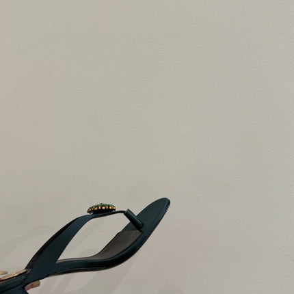 YSL HEELED THONG SANDALS 25S IN DARK ARMY GREEN SATIN WITH CRYSTAL