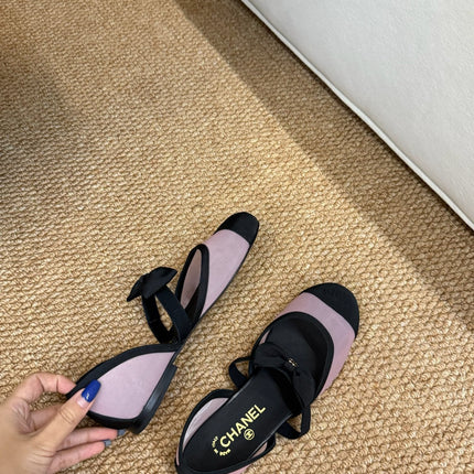 CHANEL 26S MARY JANE FLATS IN PINK AND BLACK MESH RIBBON STRAP CAP TOE