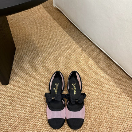 CHANEL 26S MARY JANE FLATS IN PINK AND BLACK MESH RIBBON STRAP CAP TOE