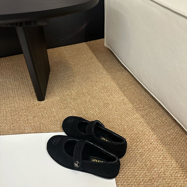 CHANEL 26S MARY JANE FLATS IN BLACK SUEDE WITH CC LOGO