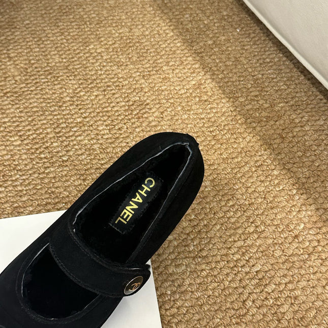 CHANEL 26S MARY JANE FLATS IN BLACK SUEDE WITH CC LOGO