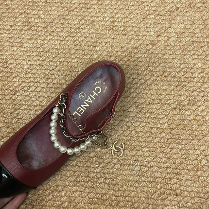 CHANEL 26S MARY JANE PEARL STRAP FLATS IN BURGUNDY RED CALFSKIN