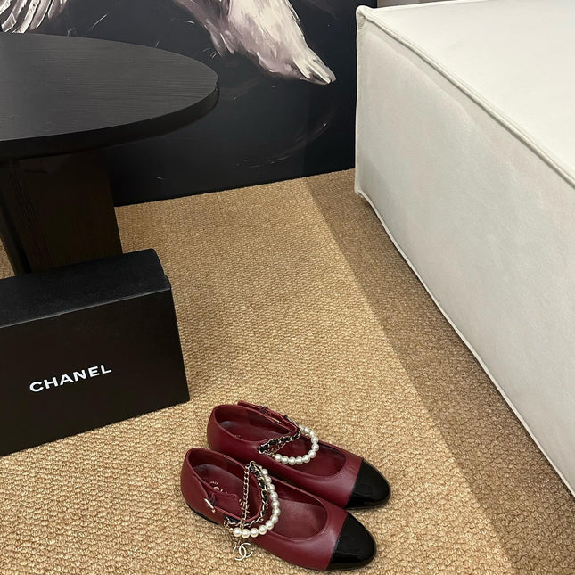 CHANEL 26S MARY JANE PEARL STRAP FLATS IN BURGUNDY RED CALFSKIN