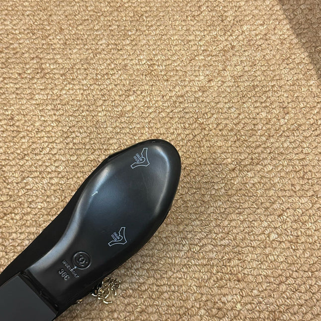 CHANEL 26S MARY JANE PEARL STRAP FLATS IN BLACK CALFSKIN