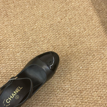 CHANEL 26S MARY JANE HEELS IN BLACK CALFSKIN CAP TOE