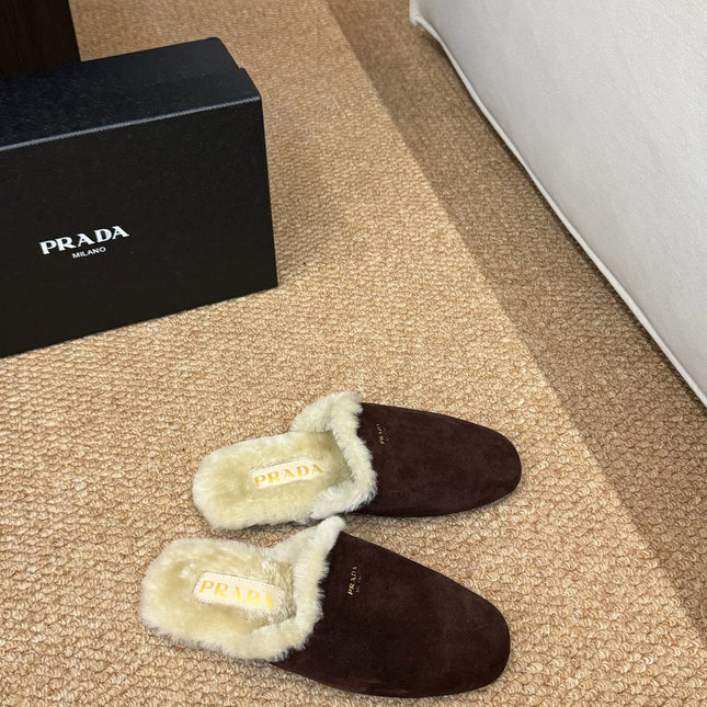 PRADA 26S SHEARLING MULE SLIPPERS IN CHOCOLATE BROWN SUEDE