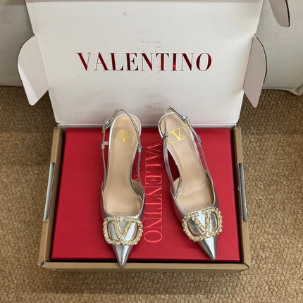 VALENTINO 26S HIGH HEEL SLINGBACKS IN METALLIC SILVER CALFSKIN WITH CRYSTAL