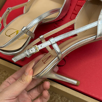 VALENTINO 26S HIGH HEEL SLINGBACKS IN METALLIC SILVER CALFSKIN WITH CRYSTAL