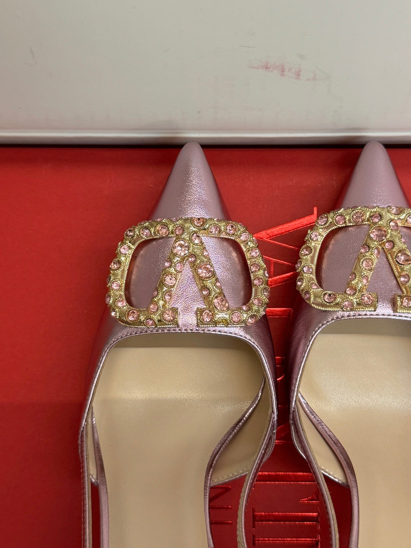 VALENTINO 26S HIGH HEEL SLINGBACKS IN METALLIC PINK CALFSKIN WITH CRYSTAL