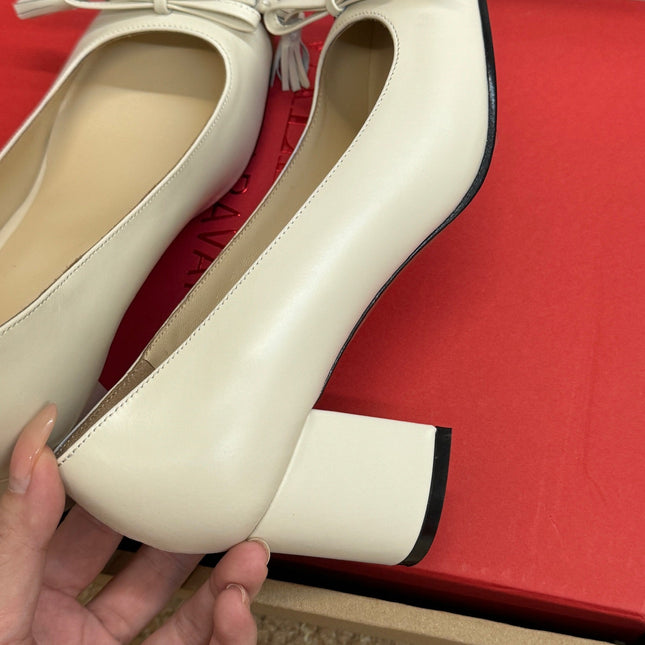 VALENTINO 26S HEELED BALLET FLATS IN BROWN AND CREAM WHITE CALFSKIN