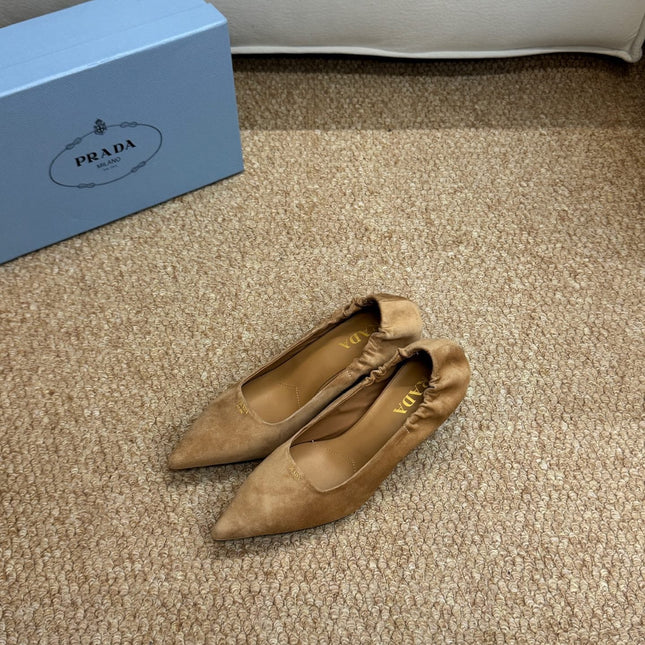 PRADA 26S POINTED TOE PUMPS 50MM IN BROWN SUEDE