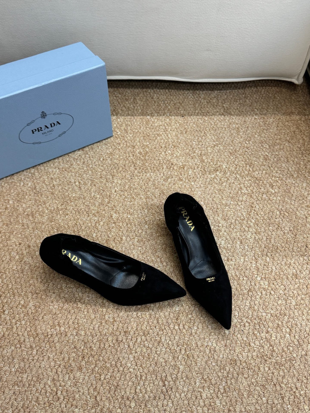 PRADA 26S POINTED TOE PUMPS 50MM IN BLACK SUEDE