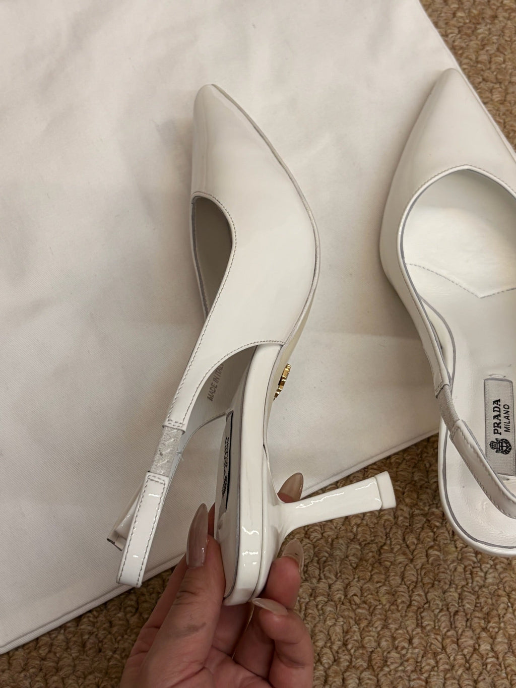 PRADA 26S SLINGBACK PUMPS IN WHITE PATENT CALFSKIN