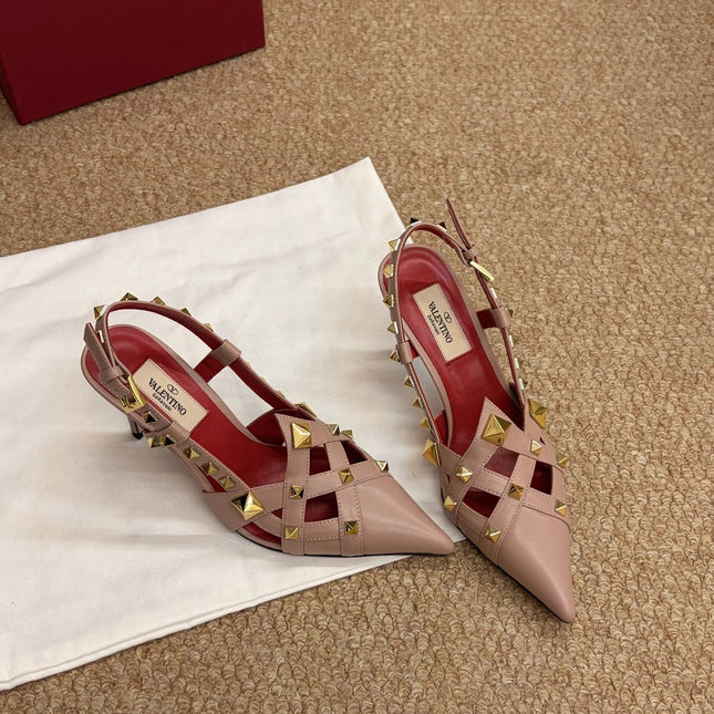 VALENTINO 26S ROCKSTUD SLINGBACK HEELS IN BLUSH NUDE CALFSKIN