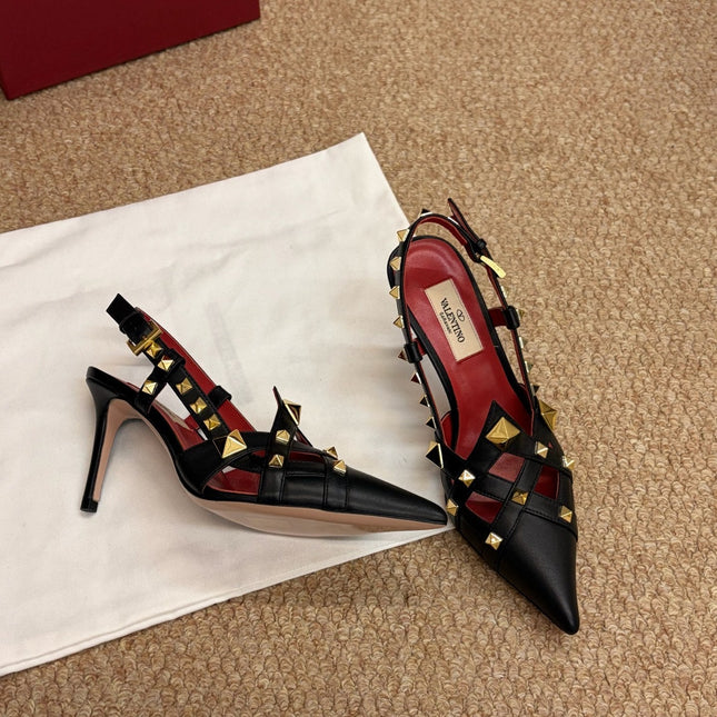 VALENTINO 26S ROCKSTUD SLINGBACK HEELS IN BLACK CALFSKIN