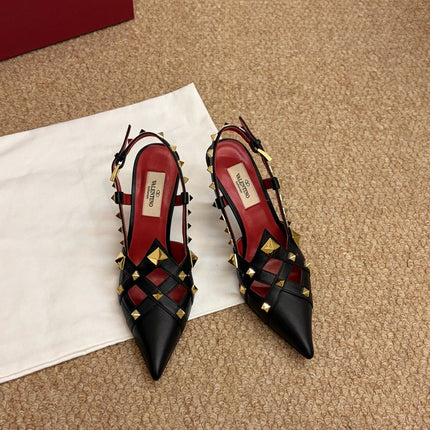 VALENTINO 26S ROCKSTUD SLINGBACK HEELS IN BLACK CALFSKIN