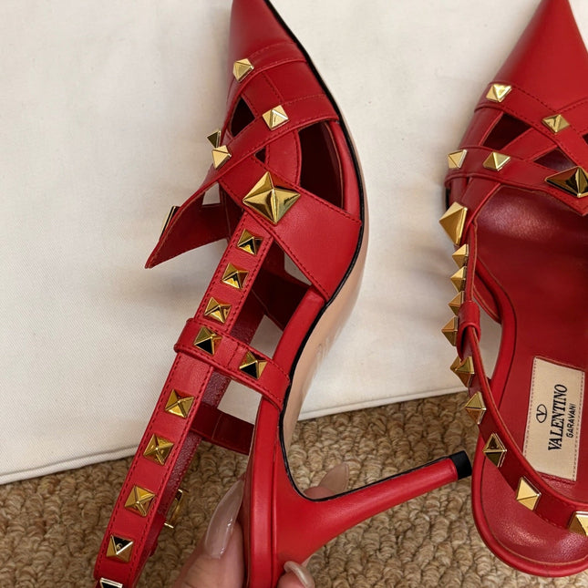 VALENTINO 26S ROCKSTUD SLINGBACK HEELS IN RED CALFSKIN