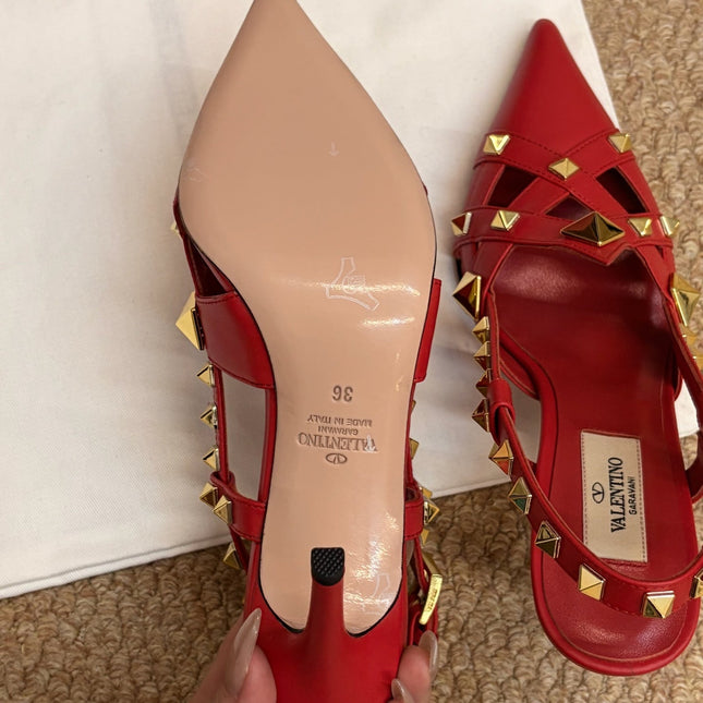 VALENTINO 26S ROCKSTUD SLINGBACK HEELS IN RED CALFSKIN