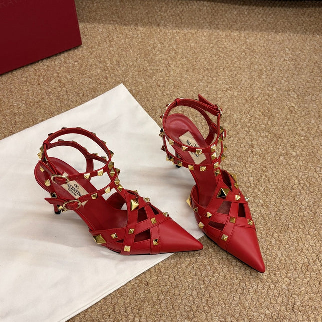 VALENTINO 26S OCKSTUD HEELS IN RED CALFSKIN