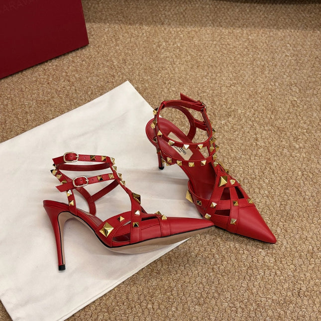 VALENTINO 26S OCKSTUD HEELS IN RED CALFSKIN