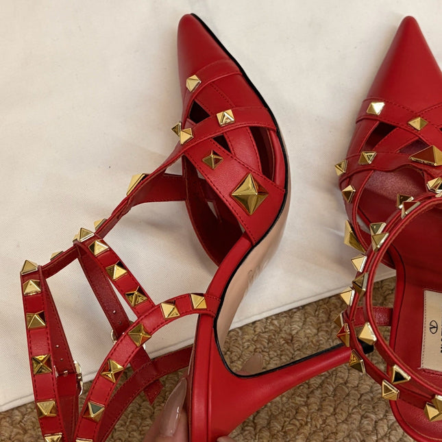 VALENTINO 26S OCKSTUD HEELS IN RED CALFSKIN
