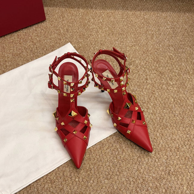 VALENTINO 26S OCKSTUD HEELS IN RED CALFSKIN