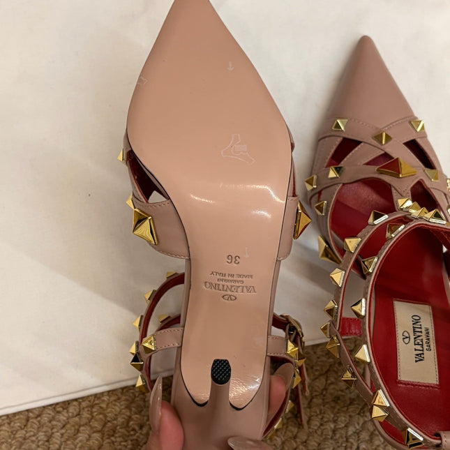 VALENTINO 26S OCKSTUD HEELS IN BLUSH NUDE CALFSKIN