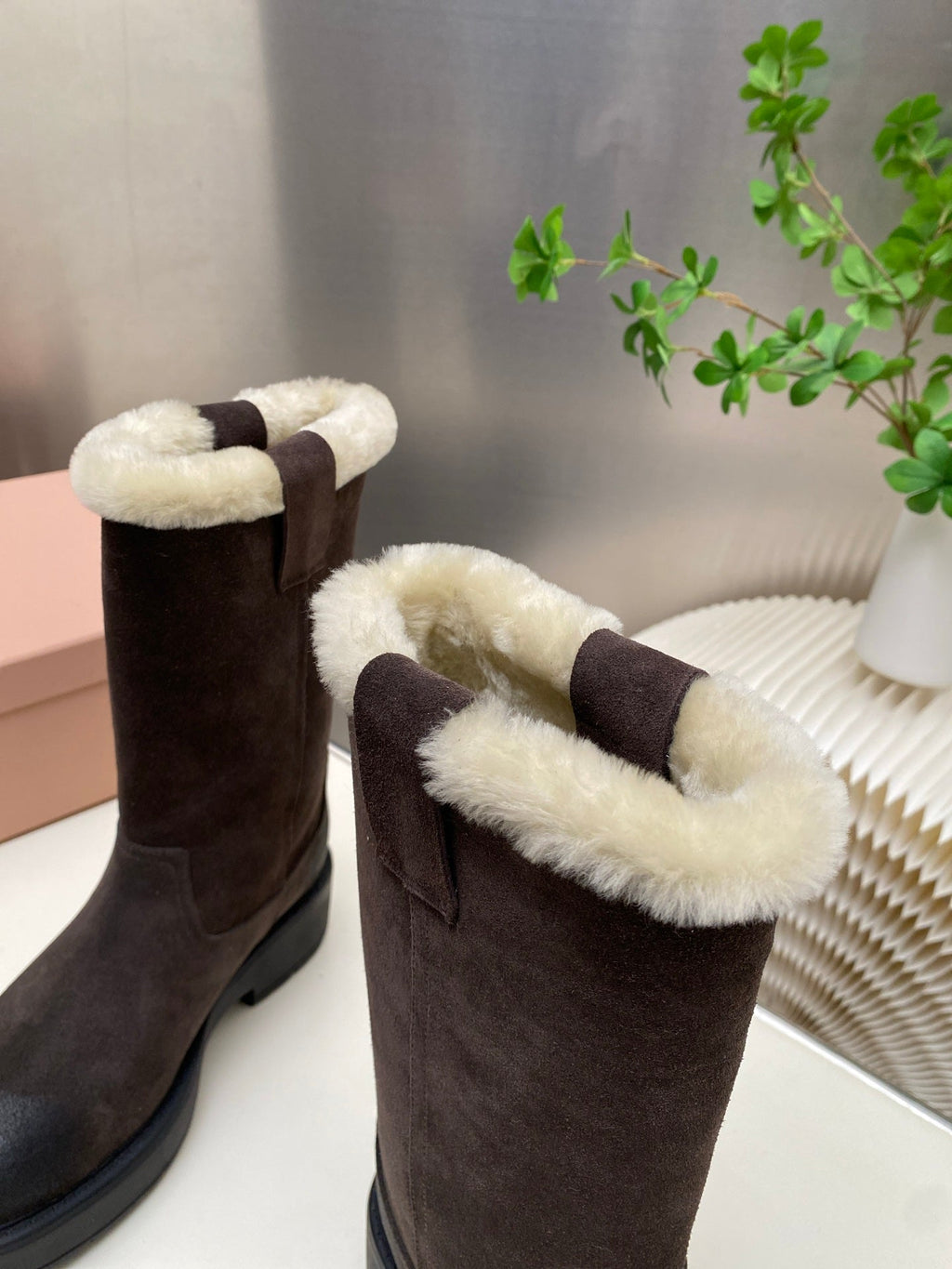 MIUMIU 26S MID CALF BOOT IN DARK BROWN  SUEDE AND SHEARLING